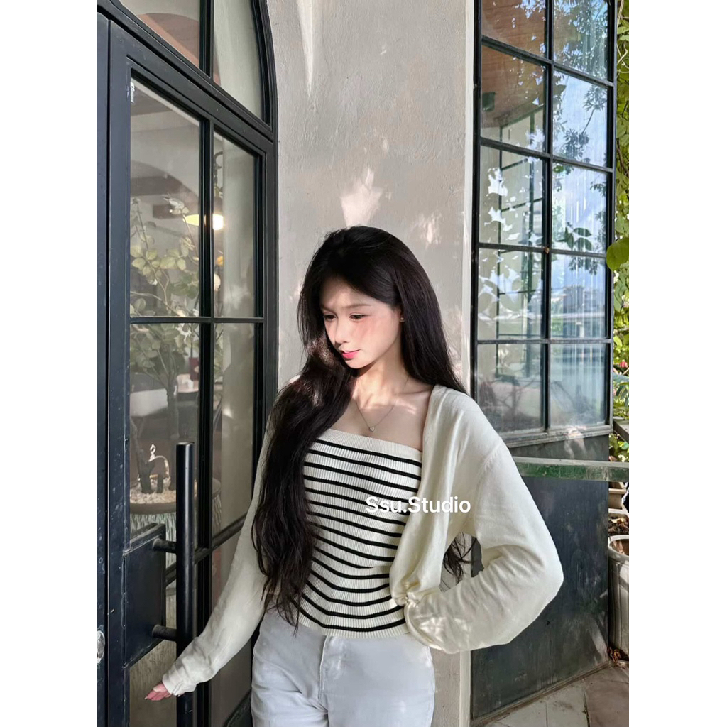 𝑺𝒔𝒖.𝑺𝒕𝒖𝒅𝒊𝒐// CÓ SẴN SHIP LUÔN ảnh thật chính chủ) Quảng châu loại 1 full tag SET ÁO QUÂY VÀ CADIGAN KẺ NGANG SIU XINH