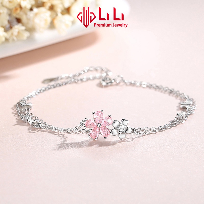 Lắc tay bạc nữ LiLi S925 đính đá CZ cao cấp hình bông hoa anh đào Cheyenne LILI_096540