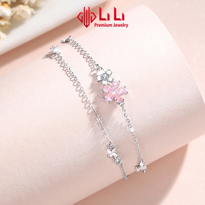 Lắc tay bạc nữ LiLi S925 đính đá CZ cao cấp hình bông hoa anh đào Cheyenne LILI_096540