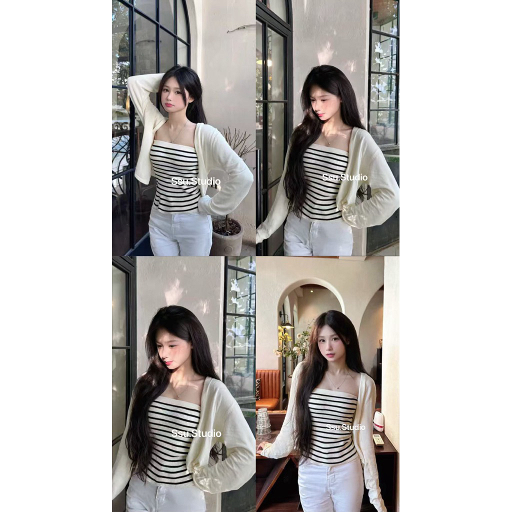 𝑺𝒔𝒖.𝑺𝒕𝒖𝒅𝒊𝒐// CÓ SẴN SHIP LUÔN ảnh thật chính chủ) Quảng châu loại 1 full tag SET ÁO QUÂY VÀ CADIGAN KẺ NGANG SIU XINH