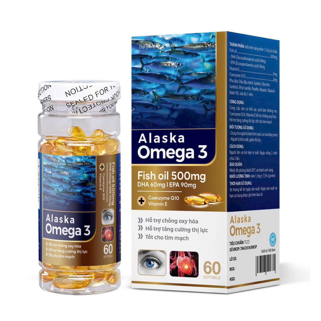 Alaska Omega 3 Fish oil 500mg DHA 60mg | EPA 90mg - Hộp 60 viên dùng 1 tháng