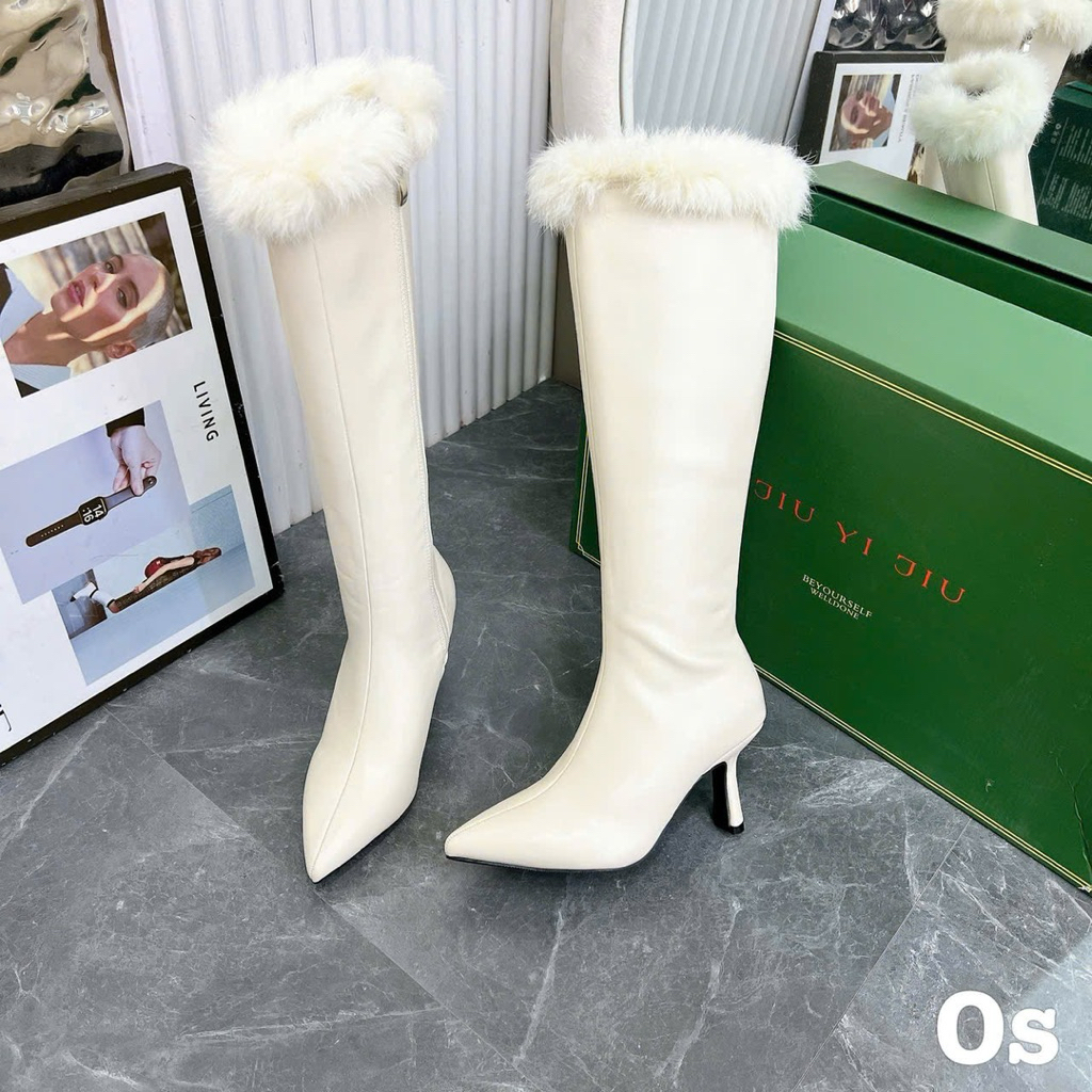 🌸 Boot nhọn cổ lông chất da trơn