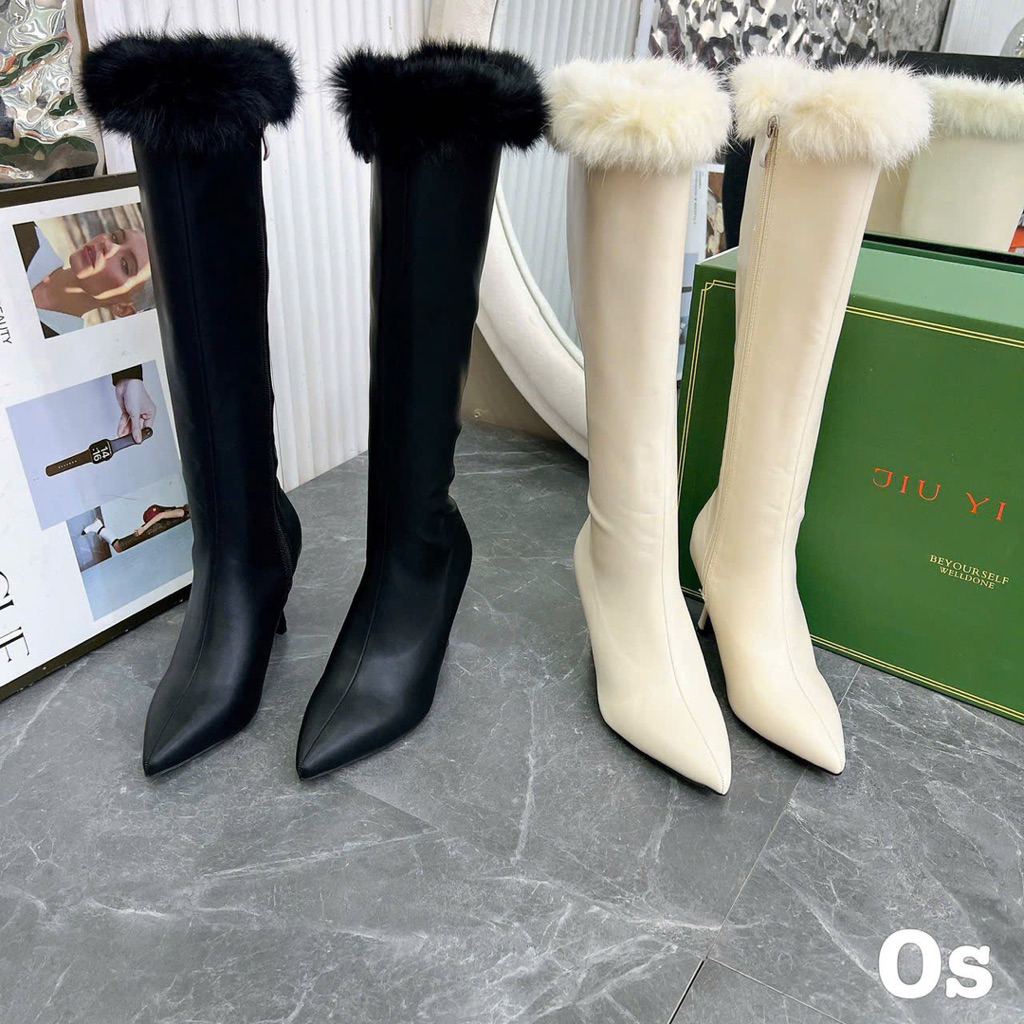 🌸 Boot nhọn cổ lông chất da trơn