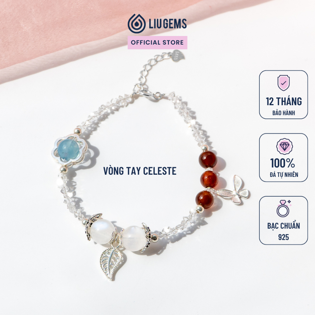 Vòng Tay Nữ Đá Natural Herkimer Diamond Và Charm Nhỏ (Ag 925)  Tinh Tế Liugems Celeste VTDT07
