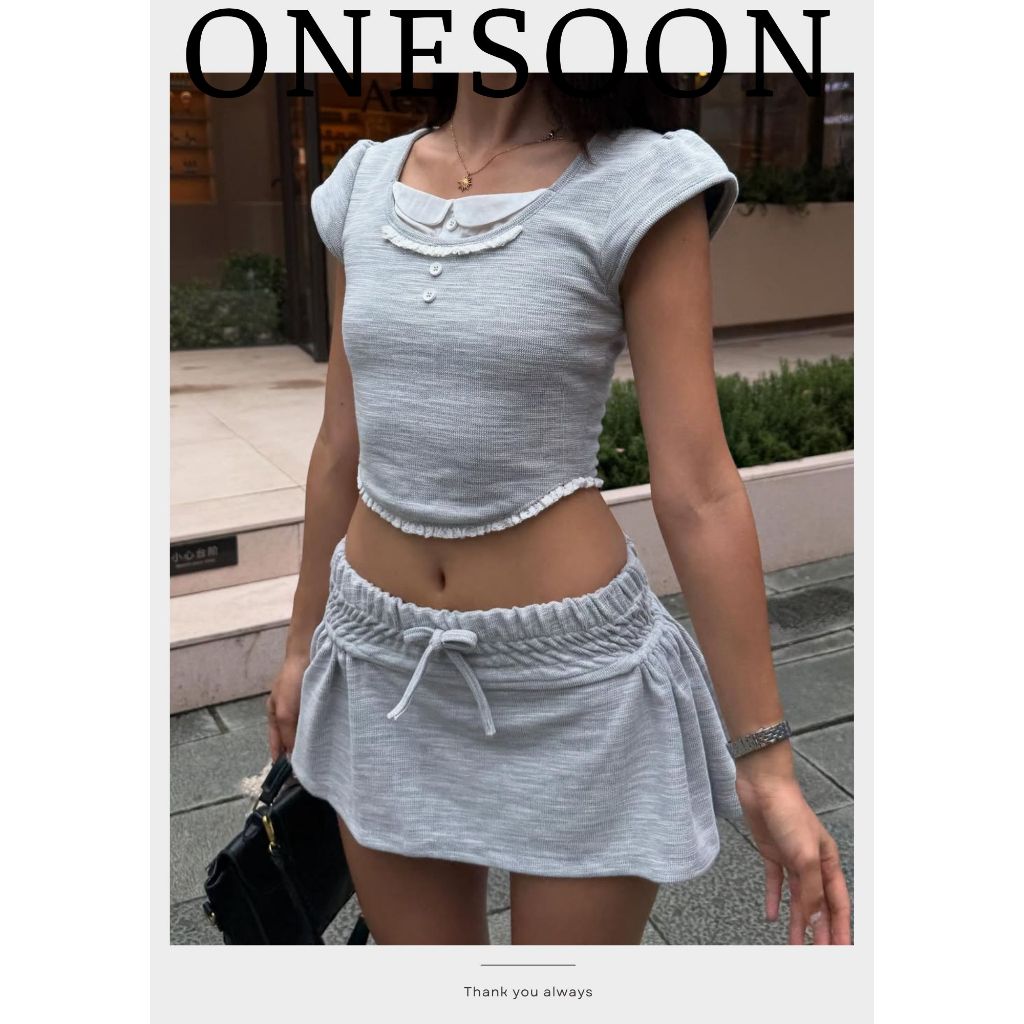 [Sẵn] ONESOON Set 2 món áo crotop cổ sơ mi viền ren ôm body kèm chân váy ngắn lưng chun ngọt ngào phong cách Y2K cho