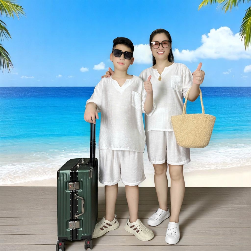 Đồ Bộ Đũi Hàn Cả Gia Đình Đi Biển, Đi Chơi Unisex Size 8-75kg, Mặc Siêu Mát [KB19]