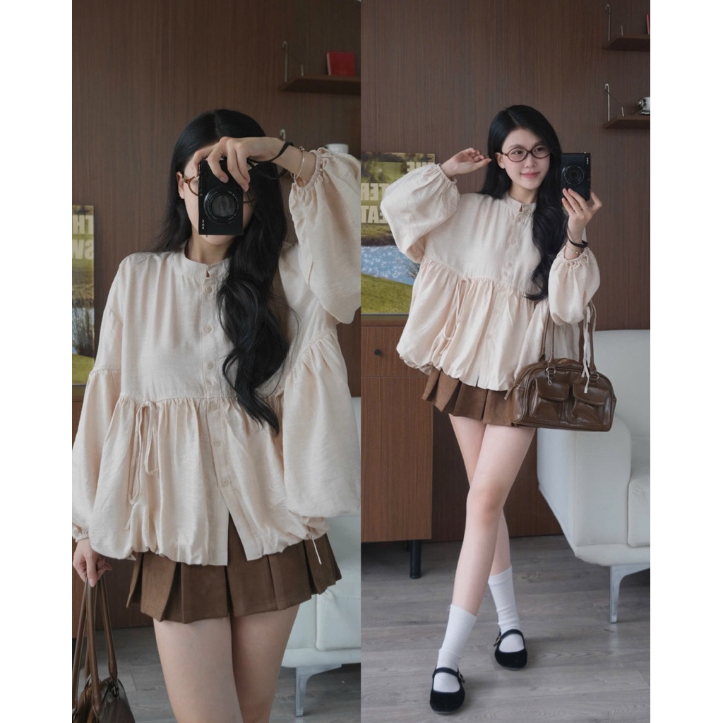 Áo đũi phồng babydoll dây nơ tay dài cài cúc Nữ the.sweaterweather TSW