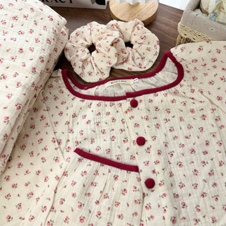 Đồ ngủ nữ tay dài quần dài – Pyjama vải xô muslin cổ tròn họa tiết | KNG.studio (Tặng kèm dây buộc tóc scrunchies)