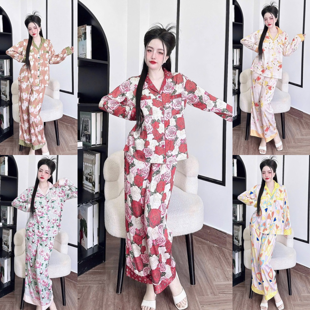 (45-65kg) Bộ pijama mặc nhà cho nữ lụa latin mềm mát tay dài quần dài