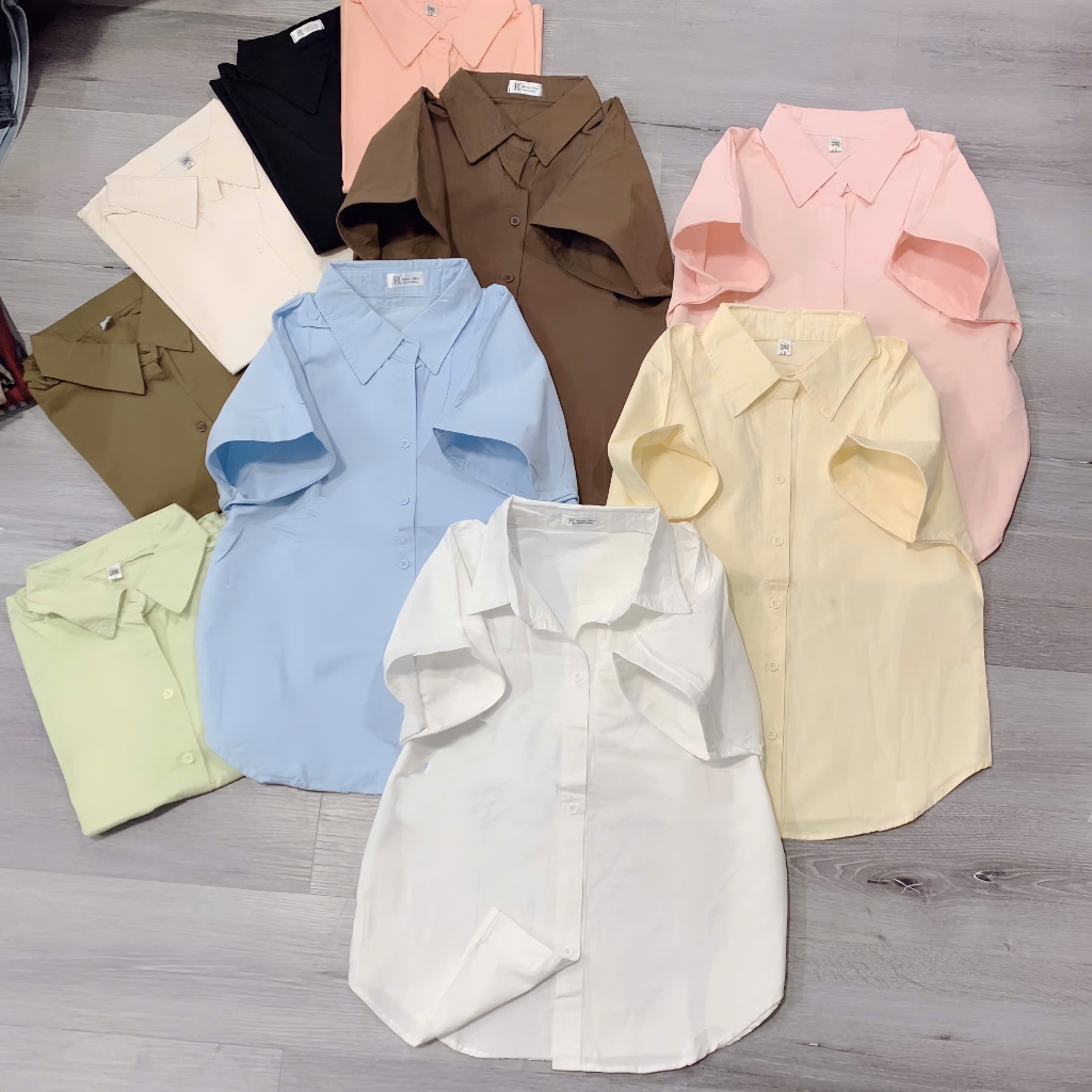 Áo Sơ Mi Nữ Tay Ngắn Chất Vải Kaki Cotton Mềm Màu Pastel Có Thêu Ngựa Xinh Dễ Phối Kiểu