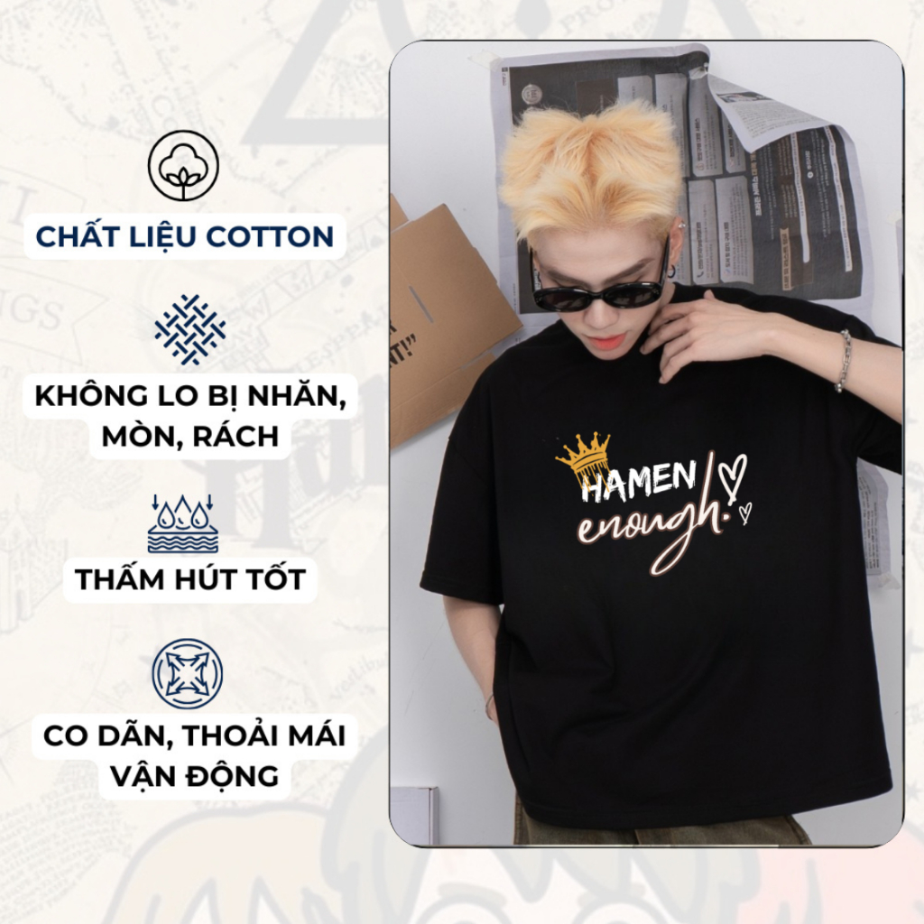Áo Thun Cotton Nam Nữ Form Rộng In Nhiệt Hamen Enough Unisex Cá Tính, Co Giãn 4 Chiều Thấm Hút Mồ Hôi