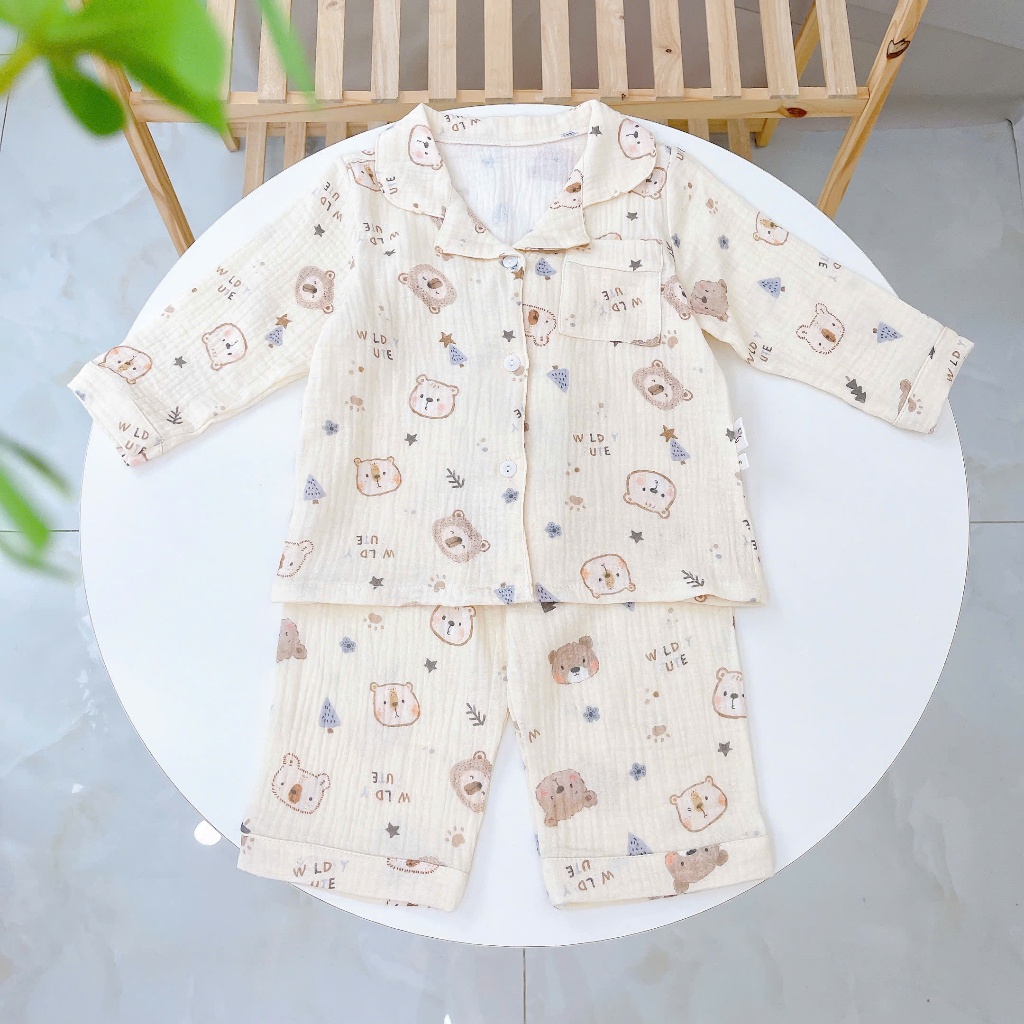 Pijama cho bé xô muslin Áo Lá Homewear A170, bộ dài tay bé trai bé gái mặc ngủ điều hòa thoáng mát