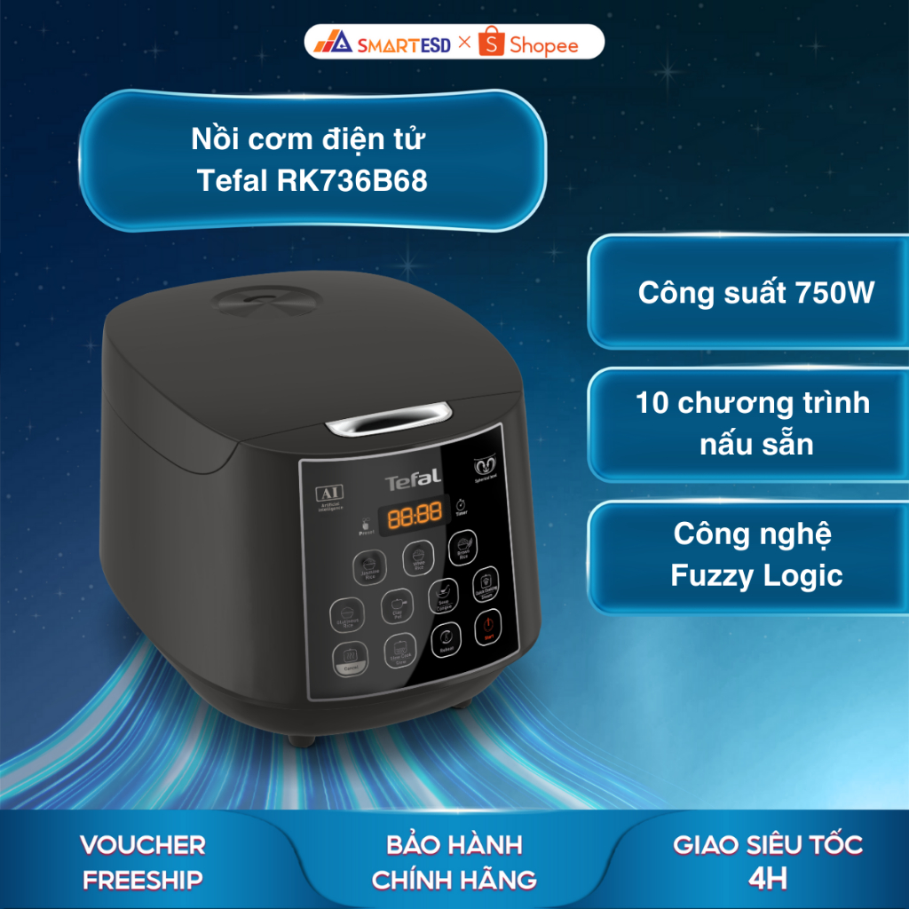Nồi cơm điện tử Tefal RK736B68 1.8L - 750W - Công nghệ Fuzzy Logic - Bảo hành chính hãng 24 tháng