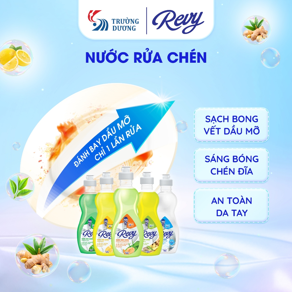 Nước Rửa Chén REVY - Làm Sạch Nhanh, Hiệu Quả, Công nghệ I-ON đột phá | Chai 400g, 800g, 3.8kg