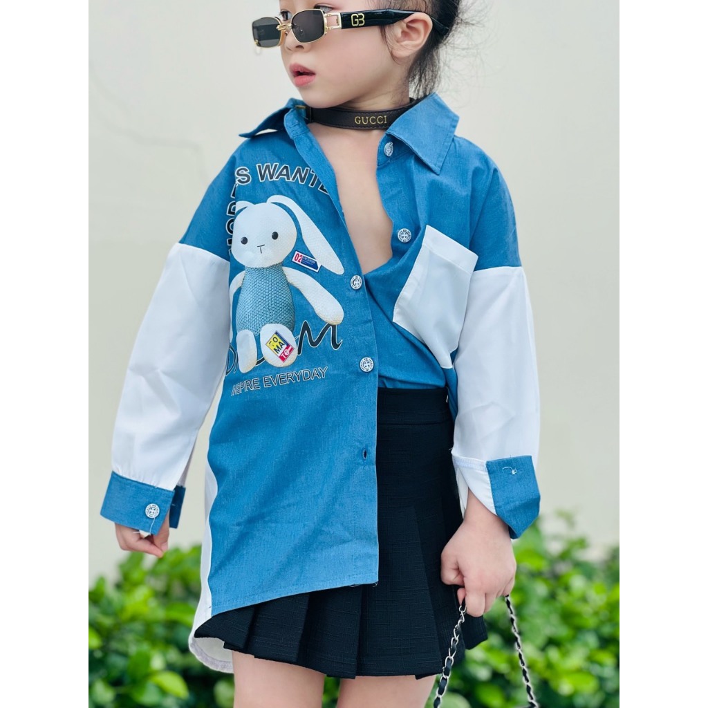 SALE SALE Áo sơ mi form dài giấu quần cho bé gái ,sơ mi bé gái size đại gấu cho mẹ và bé 3,4,5,6,7,8,9,10,12,13,14,15 tu
