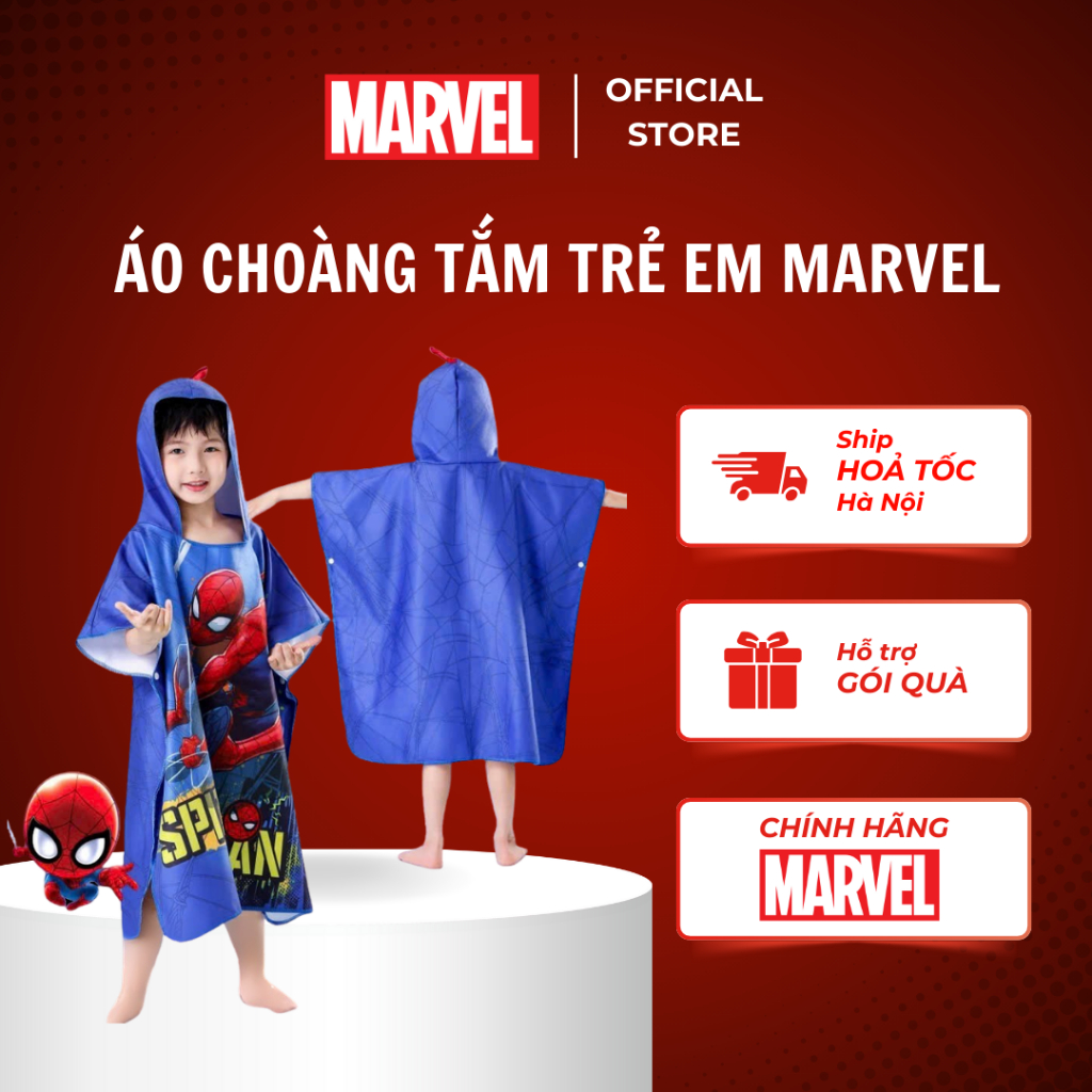 Áo Choàng Tắm Trẻ Em Spider-Man Marvel Chính Hãng – Vải Thấm Hút Nhanh, Nhanh Khô, Có Mũ Trùm Đầu
