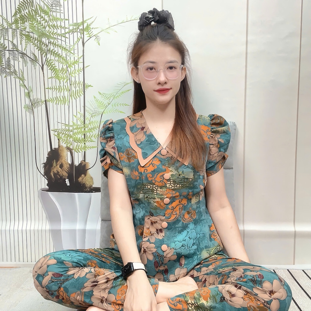 [ Xã Kho ]Đồ bộ mango cổ 2 lá lượn sóng tay ngắn quần dài có chích pen size 40 đến 67kg