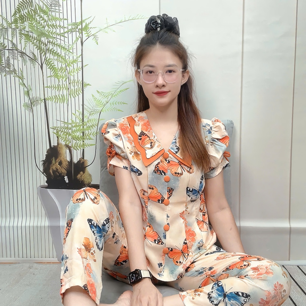[ Xã Kho ]Đồ bộ mango cổ 2 lá lượn sóng tay ngắn quần dài có chích pen size 40 đến 67kg