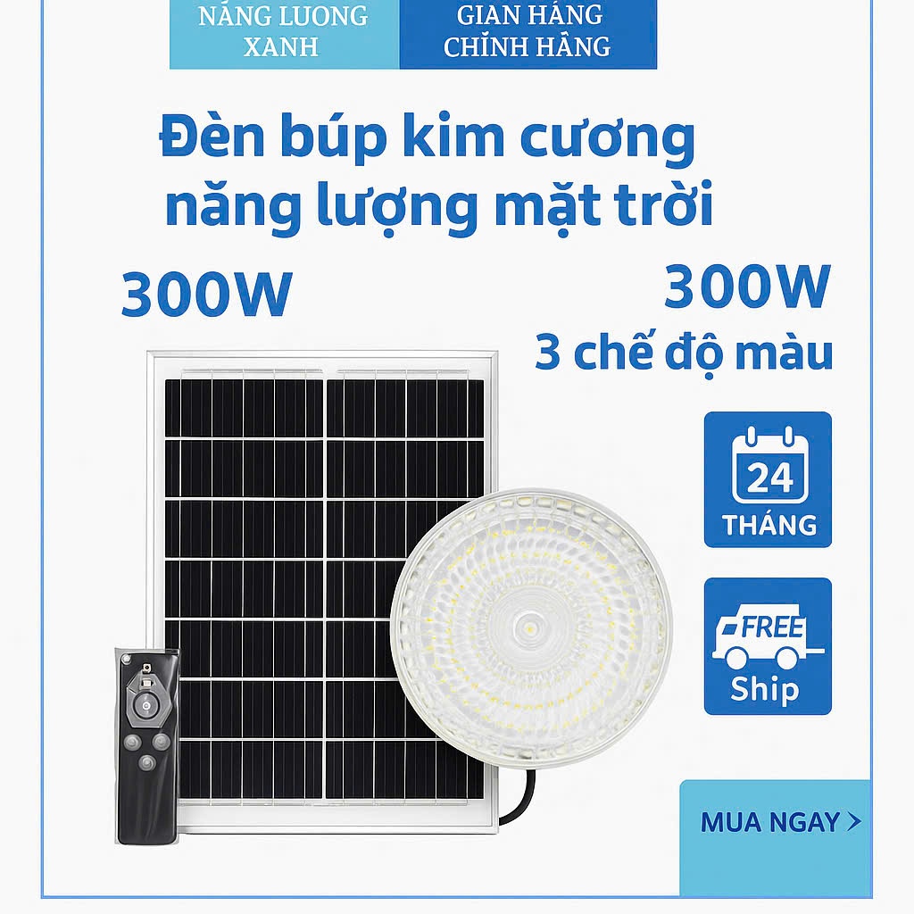 Đèn mới 2025-Đèn Búp Kim Cương Năng Lượng Mặt Trời 300W | 3 Chế Độ Màu Siêu Sáng, Chiếu Sáng Cả Đêm