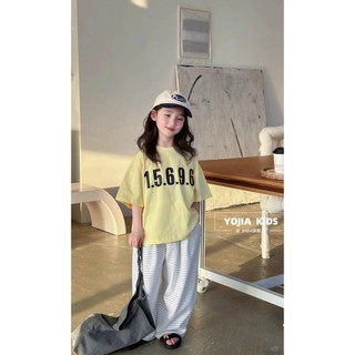 [B&G] Sét bộ Áo thun oversize pastel in số cá tính, mix quần ống rộng kẻ sọc trắng đen bé gái