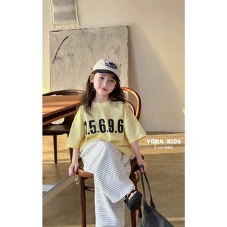 [B&G] Sét bộ Áo thun oversize pastel in số cá tính, mix quần ống rộng kẻ sọc trắng đen bé gái