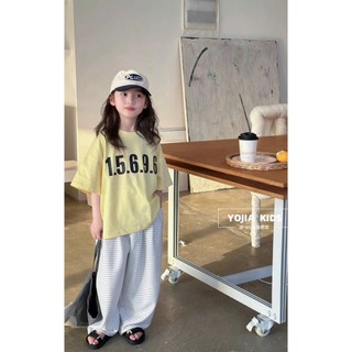 [B&G] Sét bộ Áo thun oversize pastel in số cá tính, mix quần ống rộng kẻ sọc trắng đen bé gái