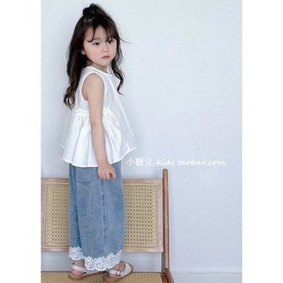 [B&G] Sét bộ Áo sát nách trắng dáng xoè,Quần jean ống rộng điểm ren cho bé gái từ 10-45kg(2-12 tuổi)