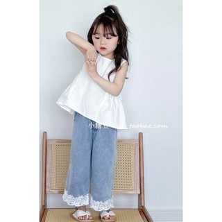 [B&G] Sét bộ Áo sát nách trắng dáng xoè,Quần jean ống rộng điểm ren cho bé gái từ 10-45kg(2-12 tuổi)