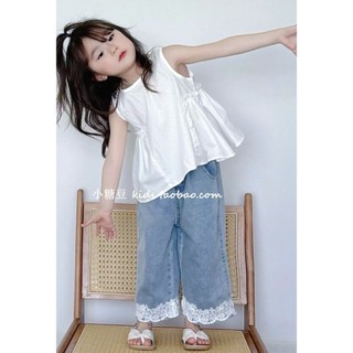 [B&G] Sét bộ Áo sát nách trắng dáng xoè,Quần jean ống rộng điểm ren cho bé gái từ 10-45kg(2-12 tuổi)