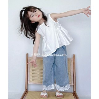 [B&G] Sét bộ Áo sát nách trắng dáng xoè,Quần jean ống rộng điểm ren cho bé gái từ 10-45kg(2-12 tuổi)