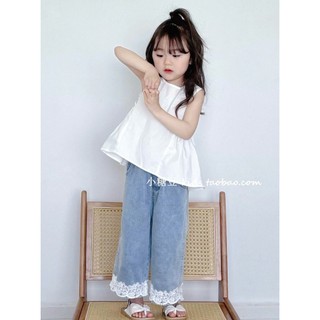 [B&G] Sét bộ Áo sát nách trắng dáng xoè,Quần jean ống rộng điểm ren cho bé gái từ 10-45kg(2-12 tuổi)
