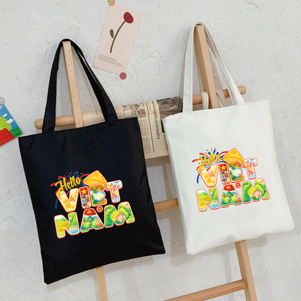 Túi tote có khóa kéo HELLO VIỆT NAM - túi Việt Nam siêu xinh vải canvas đeo vai đi chơi kích thước 35x40cm tota0237