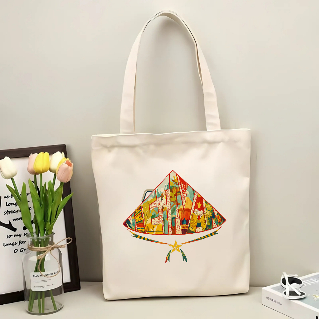 Túi tote có khóa kéo nón lá Việt Nam đặc trưng túi vải canvas đeo vai đi chơi du lịch kích thước 35x40cm tota0239