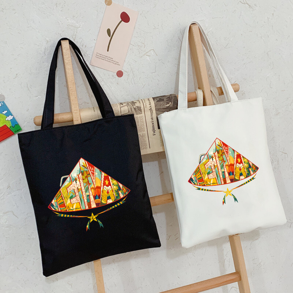 Túi tote có khóa kéo nón lá Việt Nam đặc trưng túi vải canvas đeo vai đi chơi du lịch kích thước 35x40cm tota0239