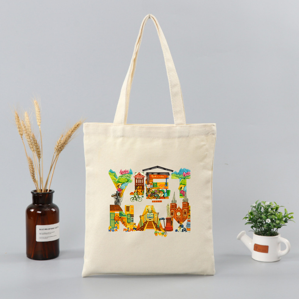 Túi tote có khóa kéo Chữ Việt Nam đặc trưng nước Việt Nam túi vải canvas đeo vai đi chơi kích thước 35x40cm tota0236
