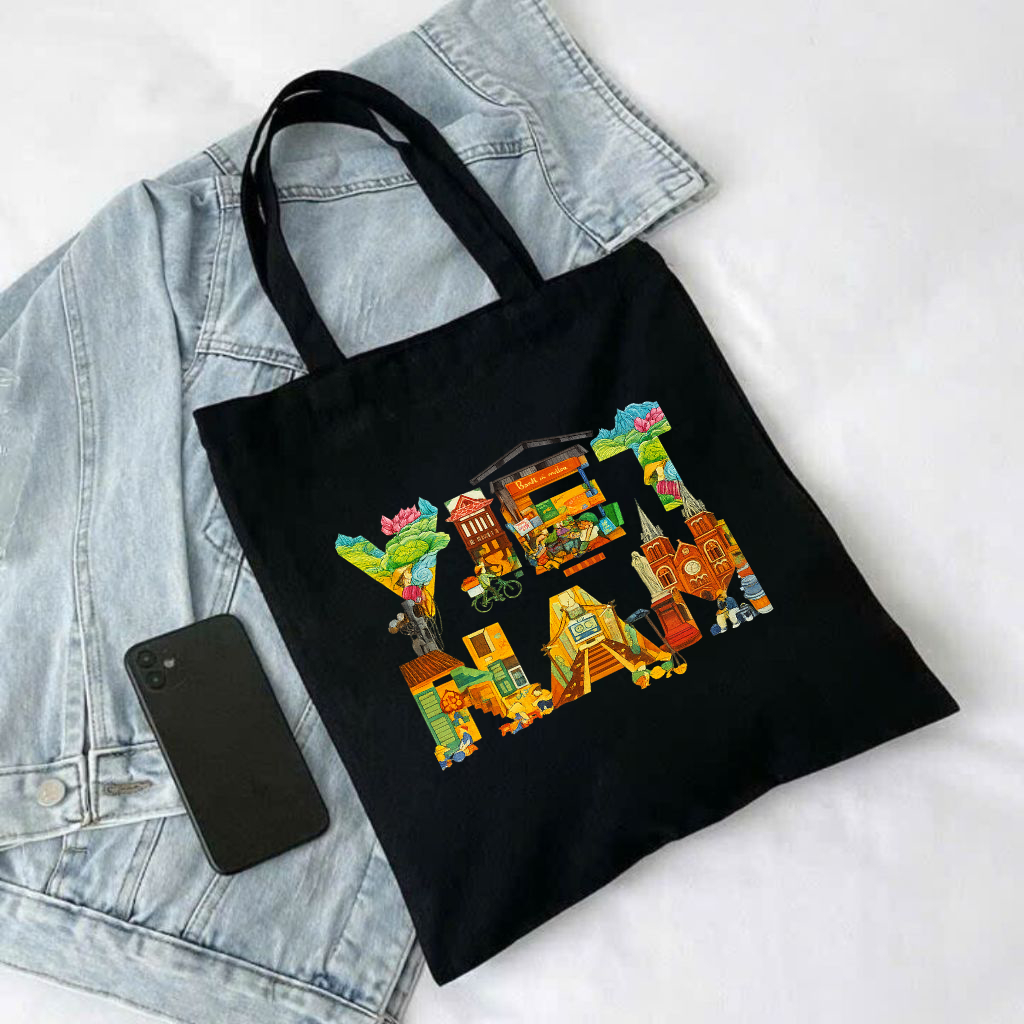 Túi tote có khóa kéo Chữ Việt Nam đặc trưng nước Việt Nam túi vải canvas đeo vai đi chơi kích thước 35x40cm tota0236