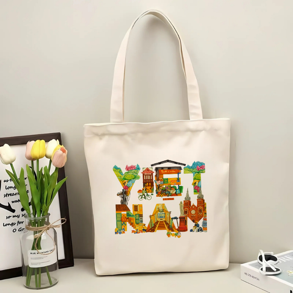 Túi tote có khóa kéo Chữ Việt Nam đặc trưng nước Việt Nam túi vải canvas đeo vai đi chơi kích thước 35x40cm tota0236