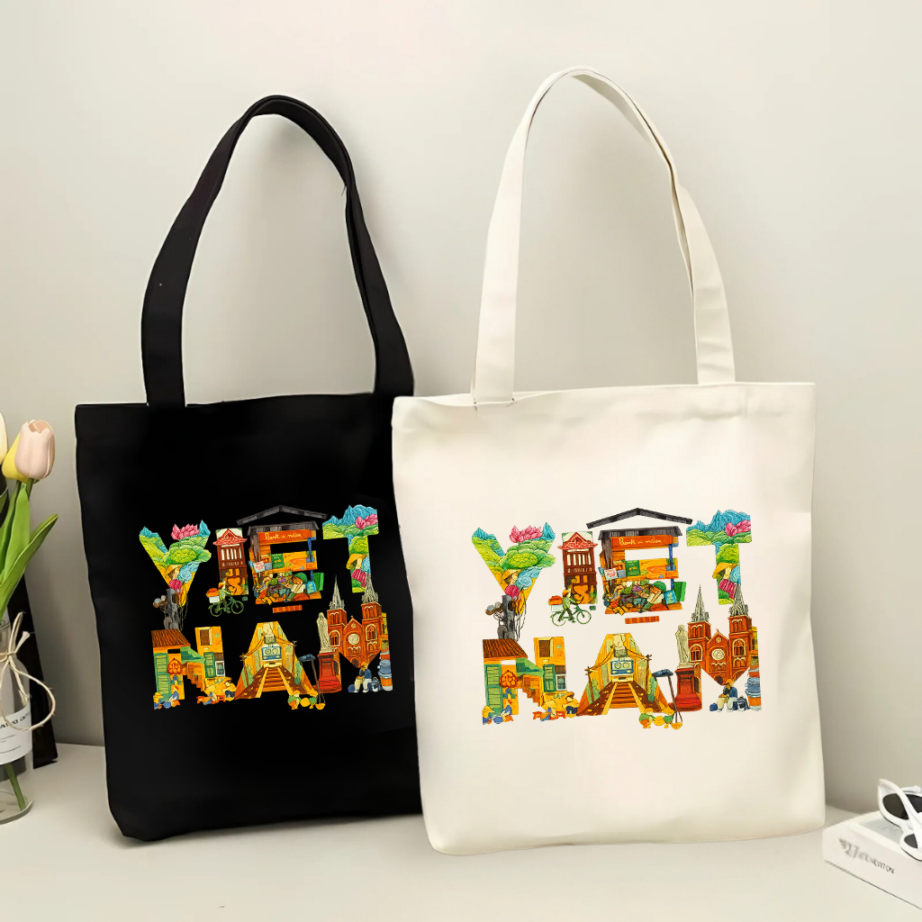 Túi tote có khóa kéo Chữ Việt Nam đặc trưng nước Việt Nam túi vải canvas đeo vai đi chơi kích thước 35x40cm tota0236