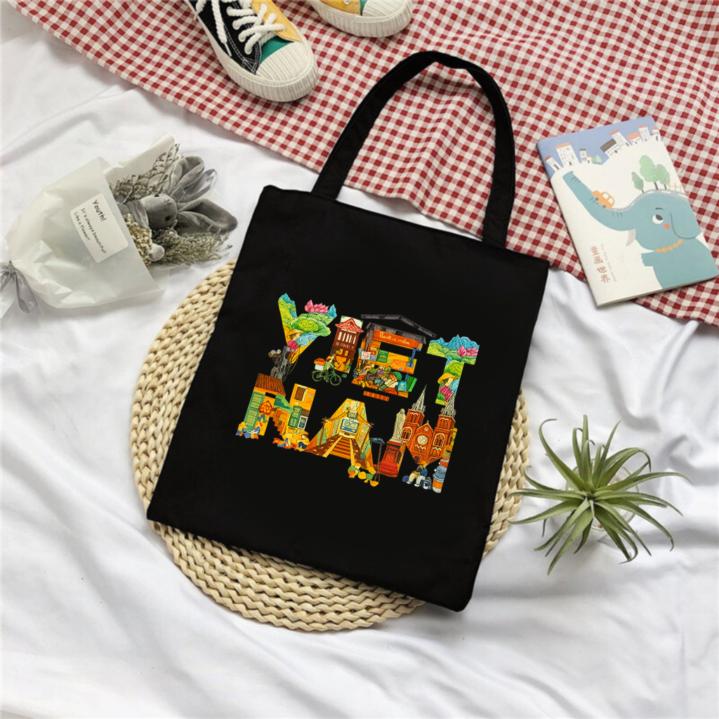 Túi tote có khóa kéo Chữ Việt Nam đặc trưng nước Việt Nam túi vải canvas đeo vai đi chơi kích thước 35x40cm tota0236