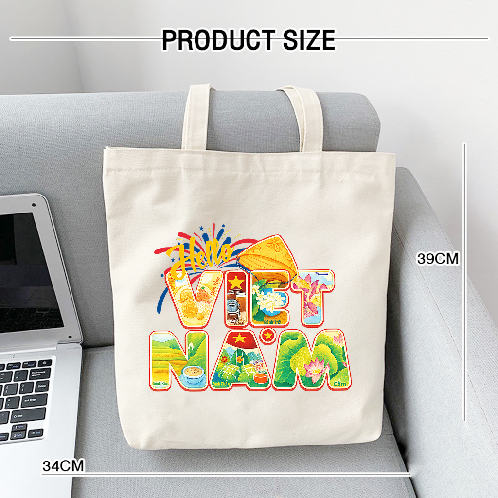 Túi tote có khóa kéo HELLO VIỆT NAM - túi Việt Nam siêu xinh vải canvas đeo vai đi chơi kích thước 35x40cm tota0237