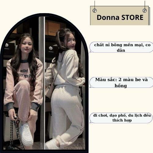 đồ bộ nữ , set đồ nữ mùa đông chất nỉ mền mại phối quần suông cạp chun áo in chữ cổ viền xinh xắn Donna hcom3711