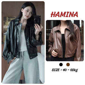 Áo Khoác Da Croptop Bomber Hamina Bo Chun Gấu Khóa Kéo Thời Trang Dễ Mix Đồ , Áo Da Nữ Biker Dáng Ngắn Hàn Quốc 483