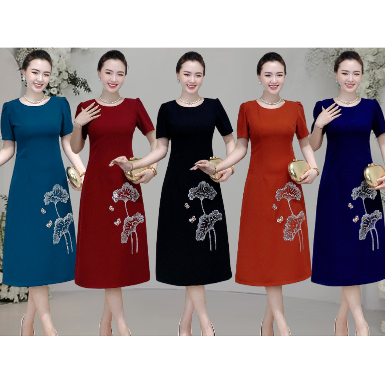 Thời trang Trung niên-Dự tiệc-Đầm-Váy- thêu  cao cấp Lá Sen kim sa phale