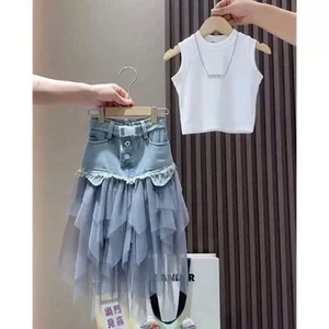 Set Đồ Bé Gái Gồm Áo Croptop Cổ Lọ kèm Chân Váy Jean Kết Hợp Voan Lưới Tầng Công Chúa Siêu Xinh cho mẹ và bé