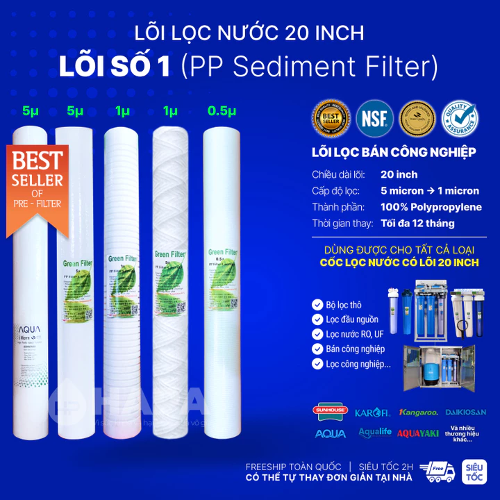 Lõi Lọc PP 20 inch 5 micron, 1 micron Polypropylene - Lõi Lọc Bán Công Nghiệp Cho Karofi Kangaroo Mutosi Aqua Nestca