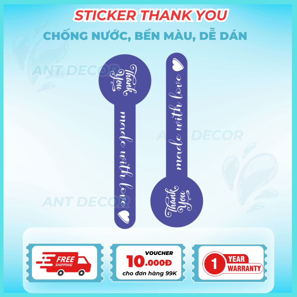 Tem dán Cảm Ơn dài, tem dán niêm phong chai hộp nhiều màu, Decal Đẹp Mắt, Bền Màu, Chống Nước
