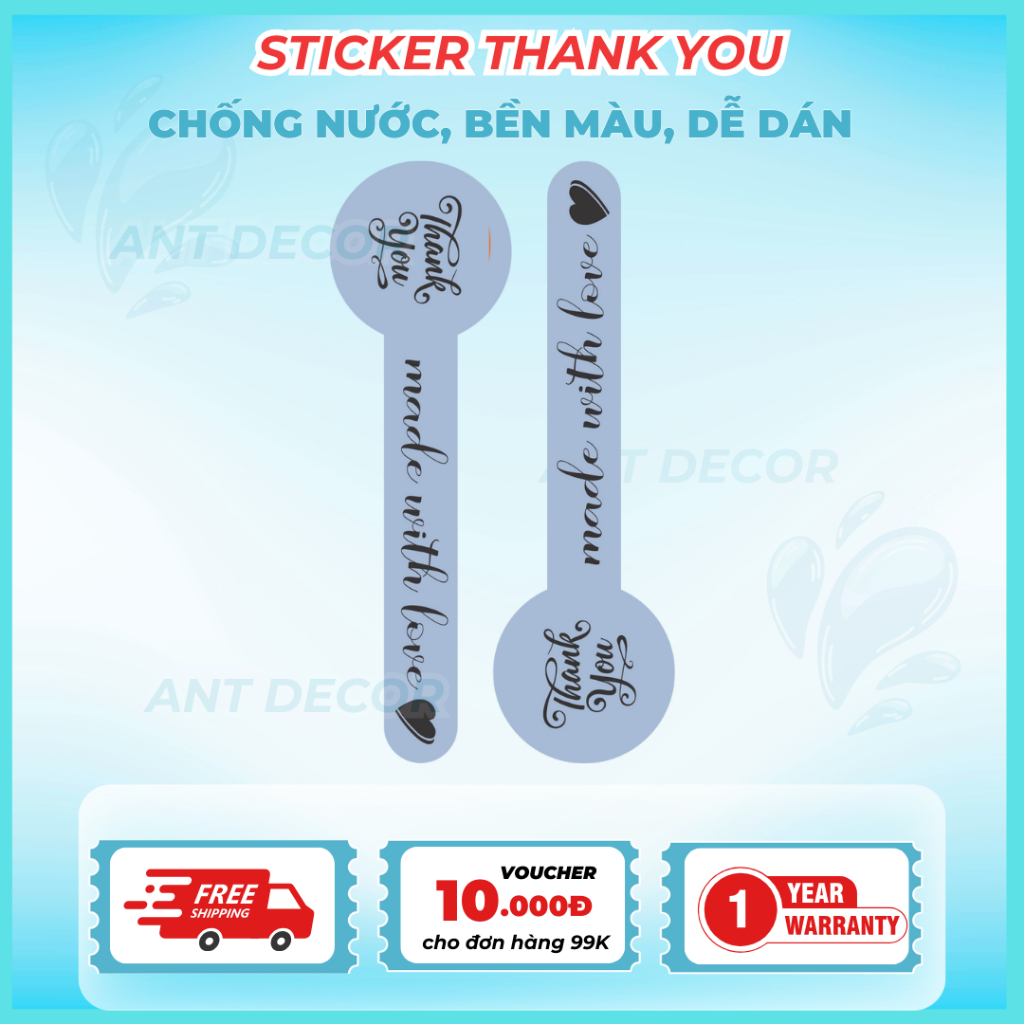 Tem dán Cảm Ơn dài, tem dán niêm phong chai hộp nhiều màu, Decal Đẹp Mắt, Bền Màu, Chống Nước