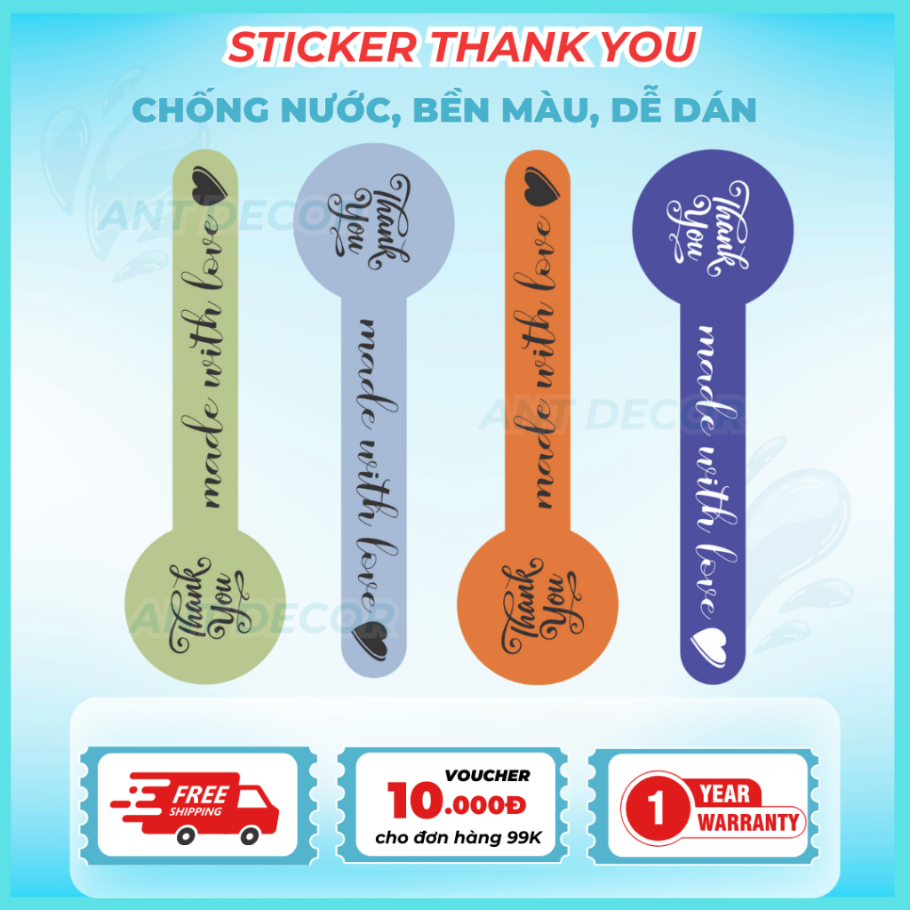 Tem dán Cảm Ơn dài, tem dán niêm phong chai hộp nhiều màu, Decal Đẹp Mắt, Bền Màu, Chống Nước