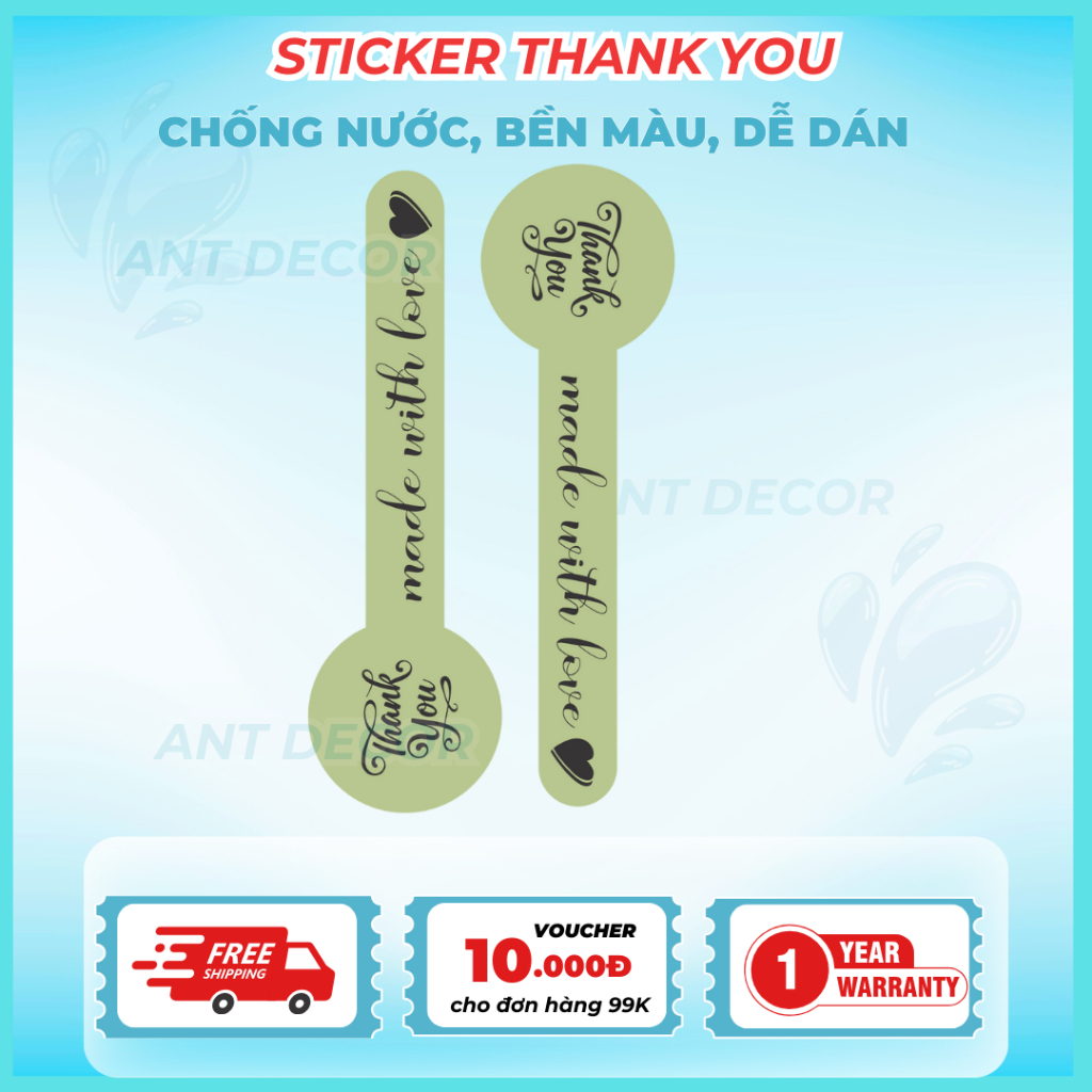 Tem dán Cảm Ơn dài, tem dán niêm phong chai hộp nhiều màu, Decal Đẹp Mắt, Bền Màu, Chống Nước