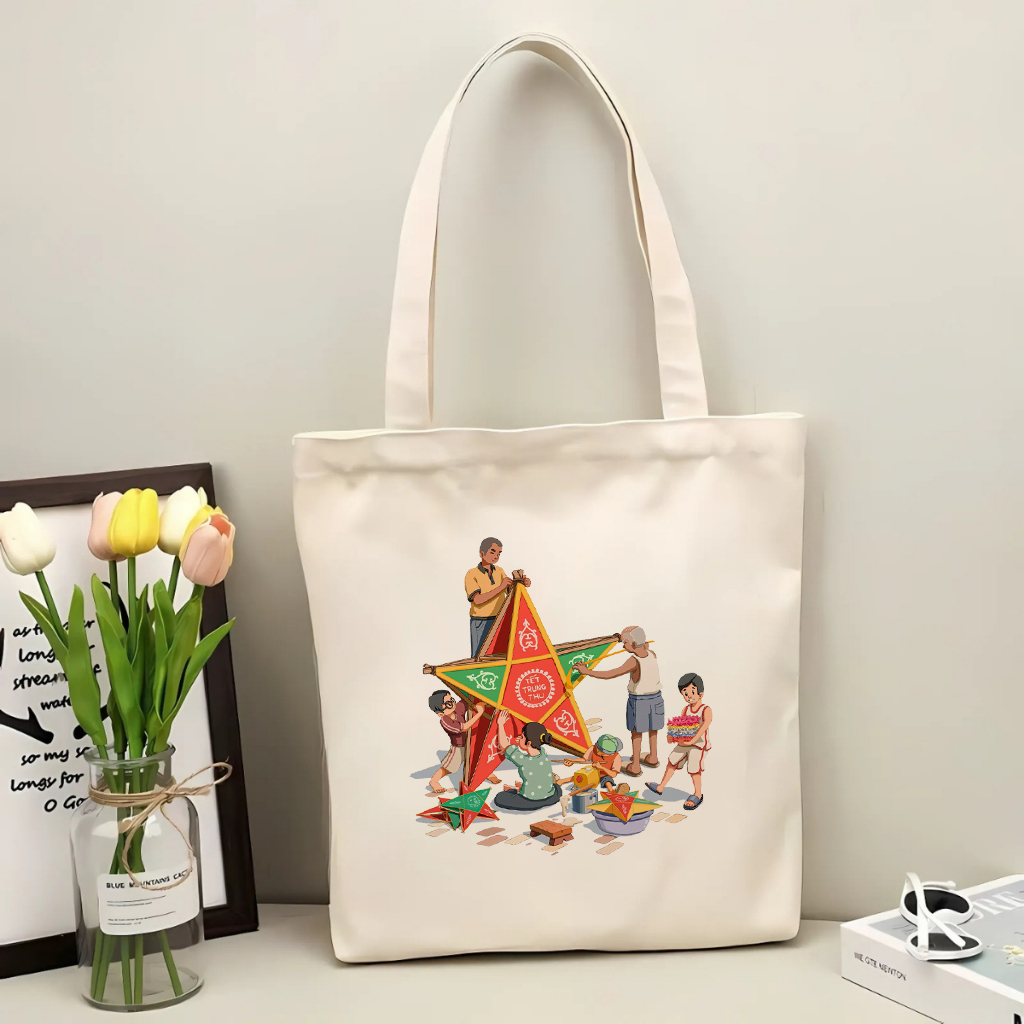 Túi tote có khóa làm đèn ông sao vui trung thu túi vải canvas đeo vai đi chơi kích thước 35x40cm tota0243